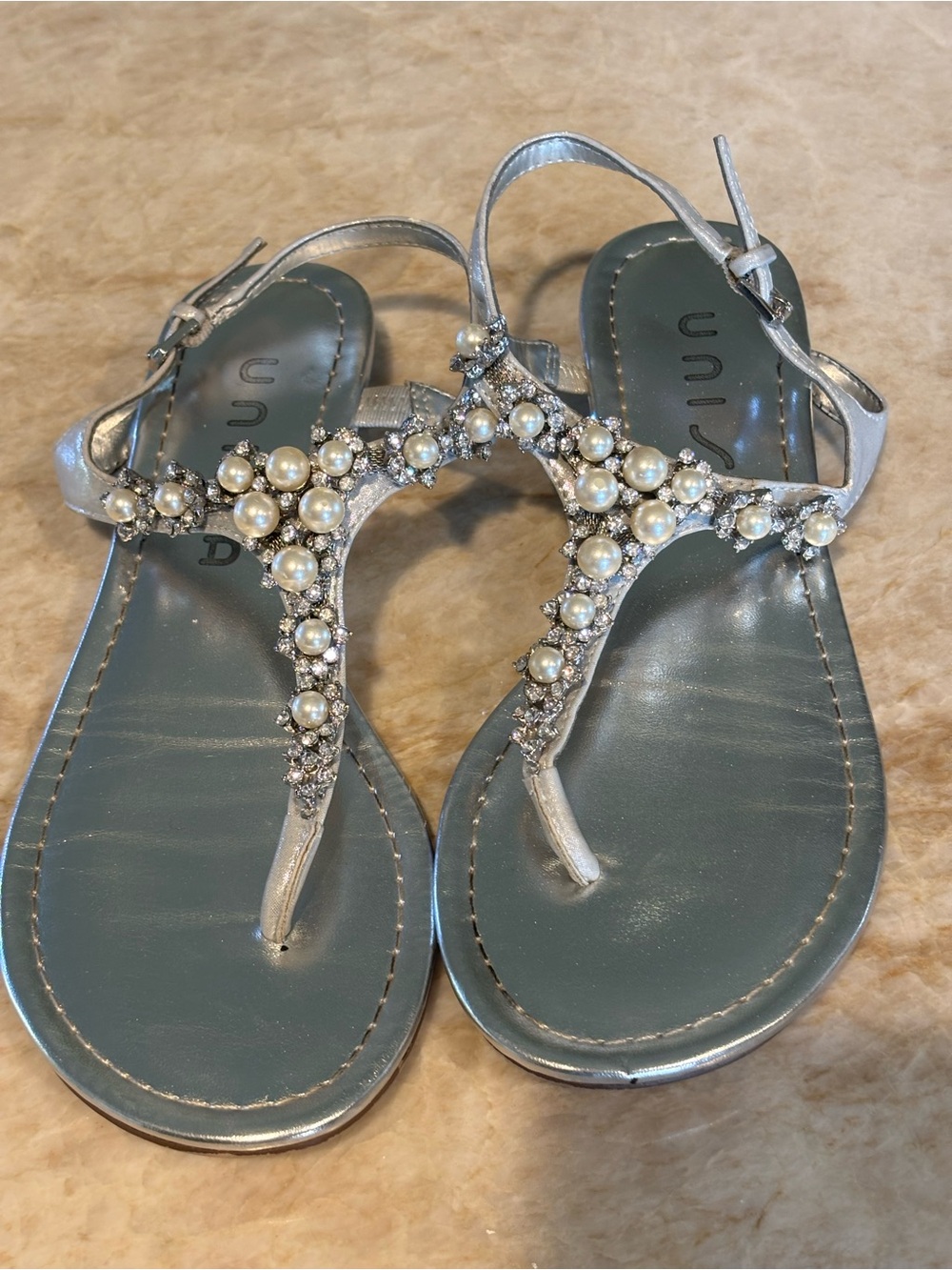 Unisa Silver Pearl & Crystal T-Strap Sandals